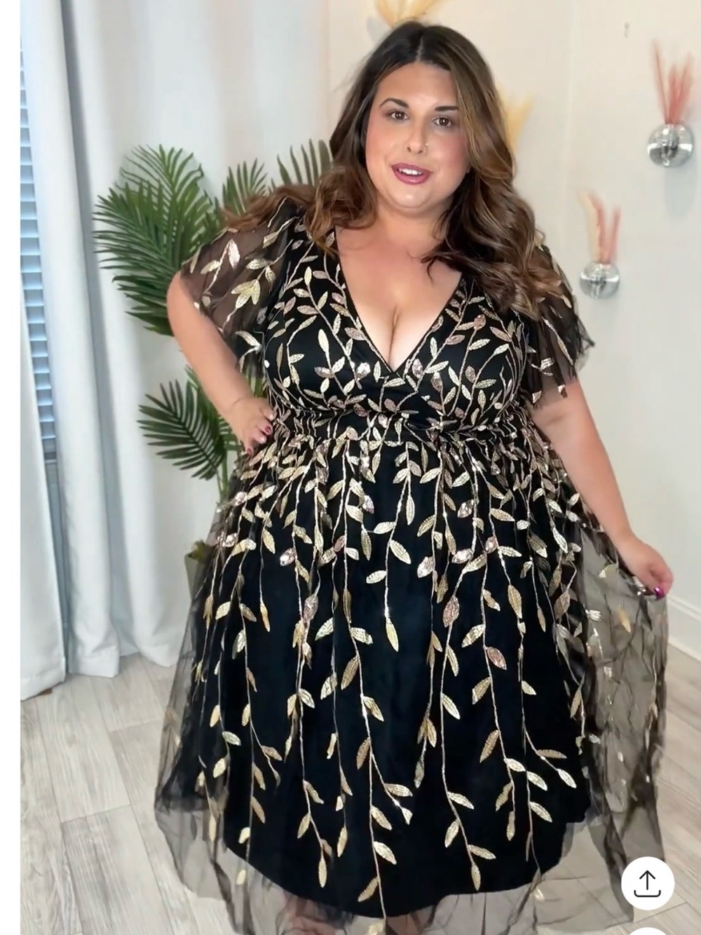 Plus Size Black Midi Dress with Gold Leaf Embroidery